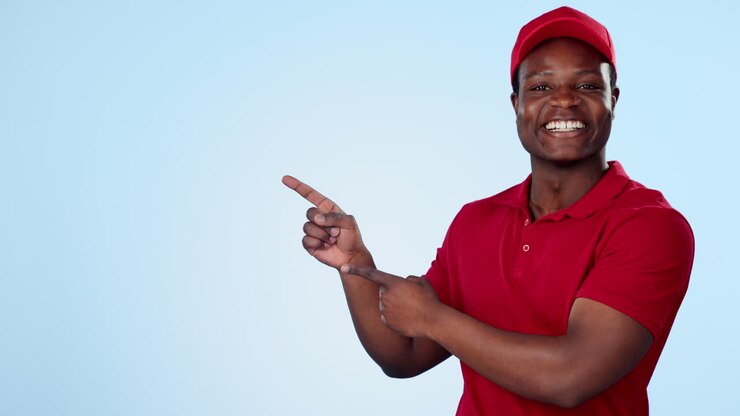Happy delivery guy, space or pointing to offer