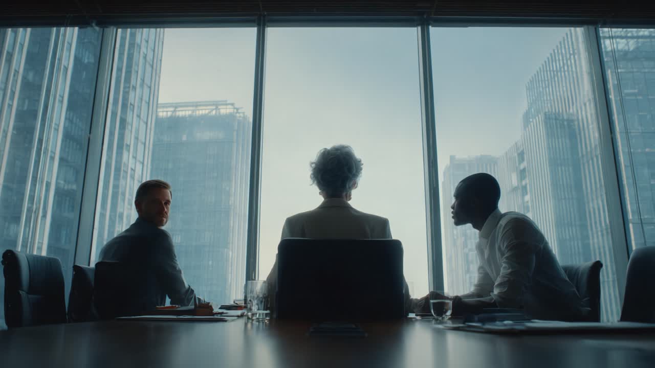 A Tense Business Meeting: Three Professionals Engaged in Deep Discussion Amidst a Modern Skyscraper Backdrop