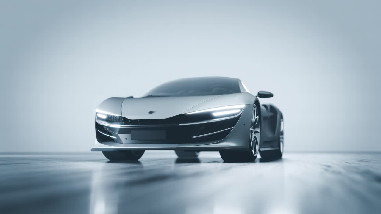 Eleganter silberner Sportwagen, rotierend in einem modernen Studio