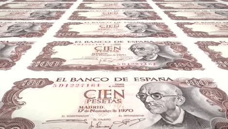 banknotes of one hundred spanish pesetas of the bank of spain rolling on screen, coins of the world, cash money, loop