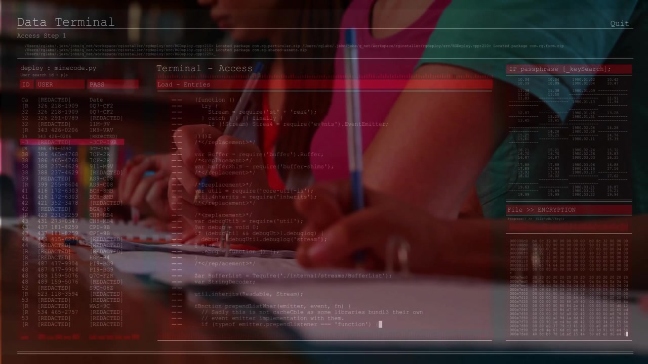 Student duo writing notes while Data Terminal tech overlay fading highlighting code decryption