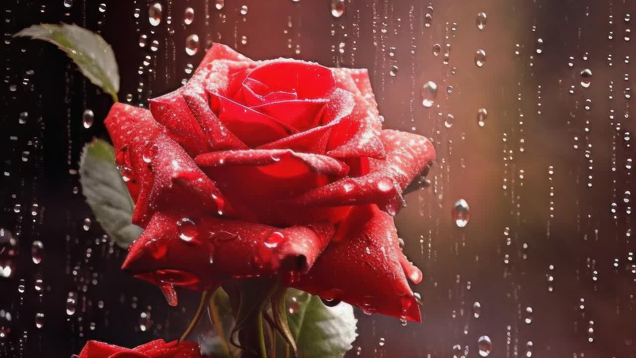 Close-up of a red rose with raindrops, captured from a side angle
