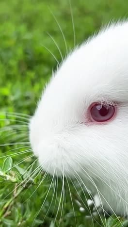 white rabbit outdoors redeyed munching grass with whiskers and snout