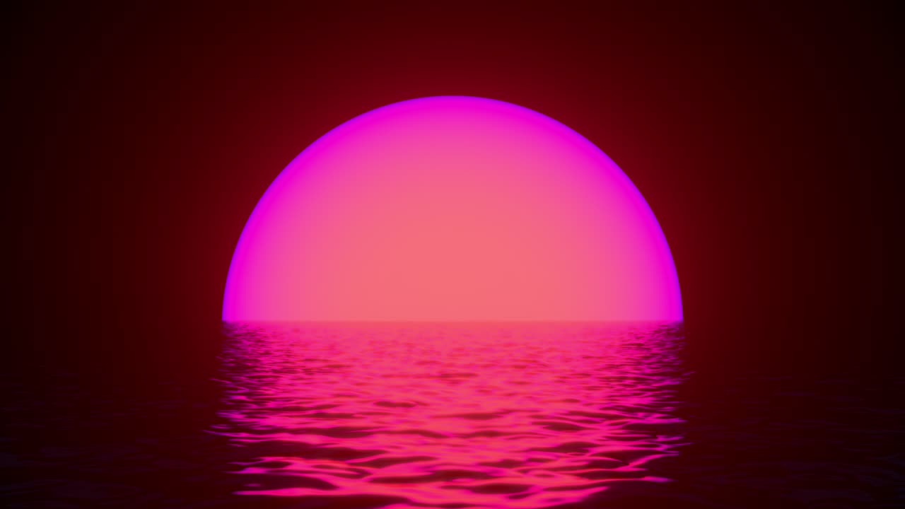 물 표면의 반사와 함께 빛나는 네온 태양, 추상적인 배경, 파동, 자외선, 스트럼 활기찬 색상, 레이저 쇼, 3d 렌더 일러스트레이션, 4k 비디오.