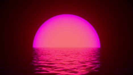 glowing neon sun with reflections in water surface. abstract background, waves, ultraviolet, spectrum vibrant colors, laser show. 3d render illustration. 4k video.