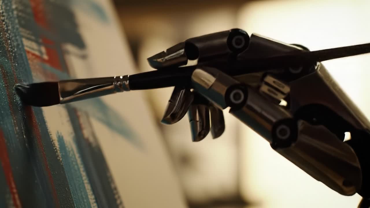A Robotic Hand Skillfully Painting an Artwork on Canvas with Artistic Precision and Technological Innovation in a Creative Environment