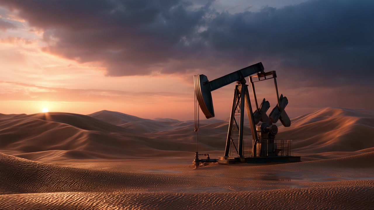 A majestic oil pump jack silhouetted against a vibrant sunset in a serene desert landscape, showcasing the beauty of industrial machinery intertwined with nature's tranquility.