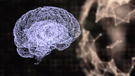 concepto de red global. cerebro humano digital y planeta con múltiples conexiones en la superficie, flotando en el fondo de textura digital oscura.