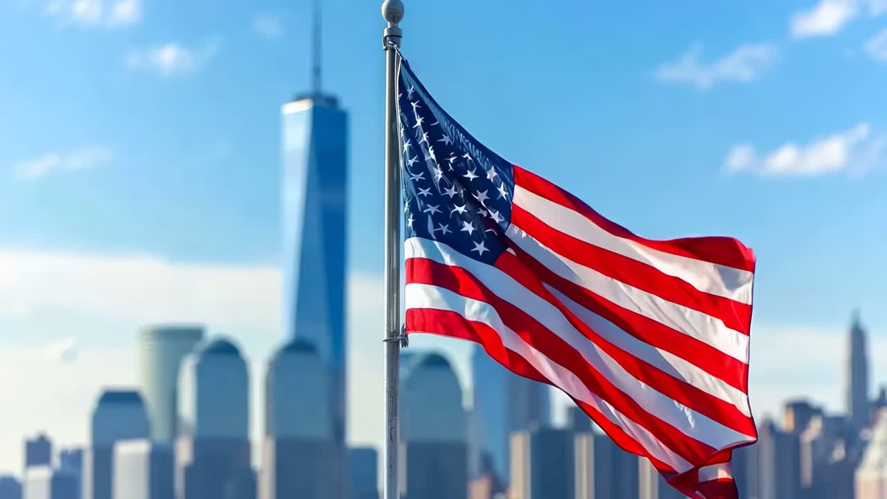 Inquadratura dal basso della bandiera americana che sventola contro uno skyline cittadino, che enfatizza il patriottismo