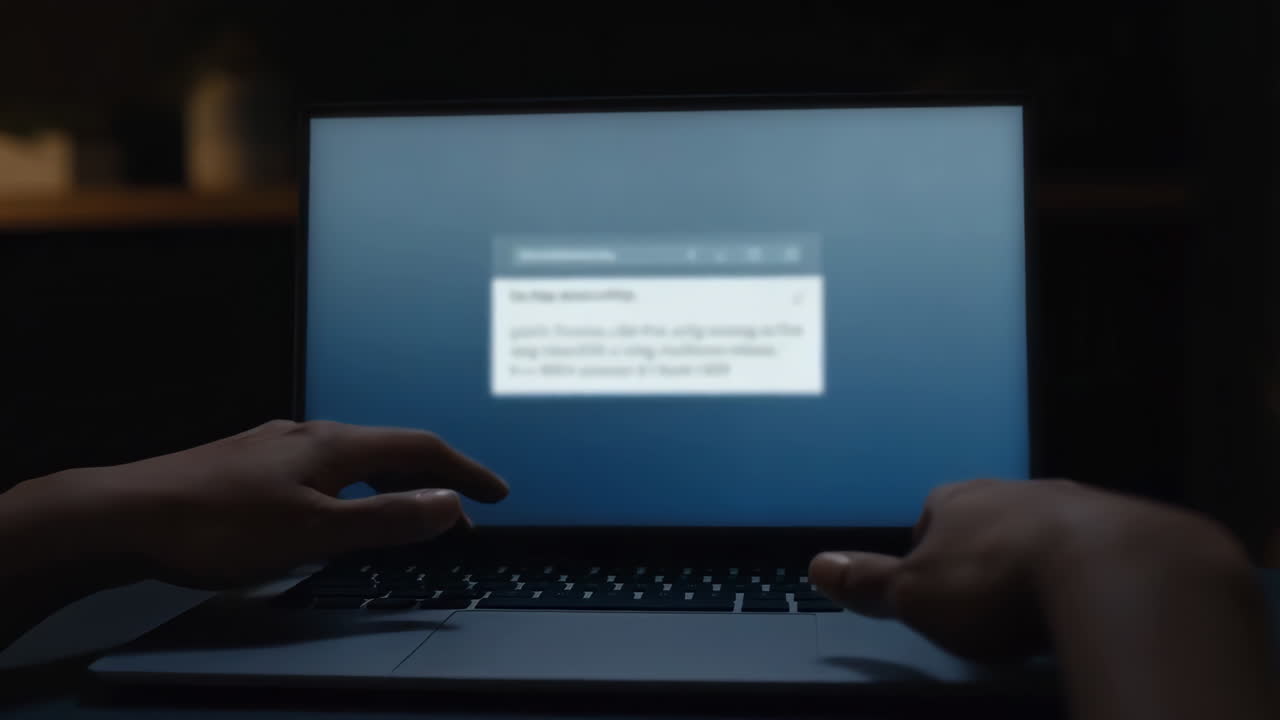 Hands typing on a laptop at night
