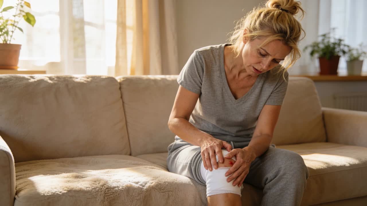 Donna in tuta grigia che si china per aggiustare una benda bianca sul ginocchio nel salotto