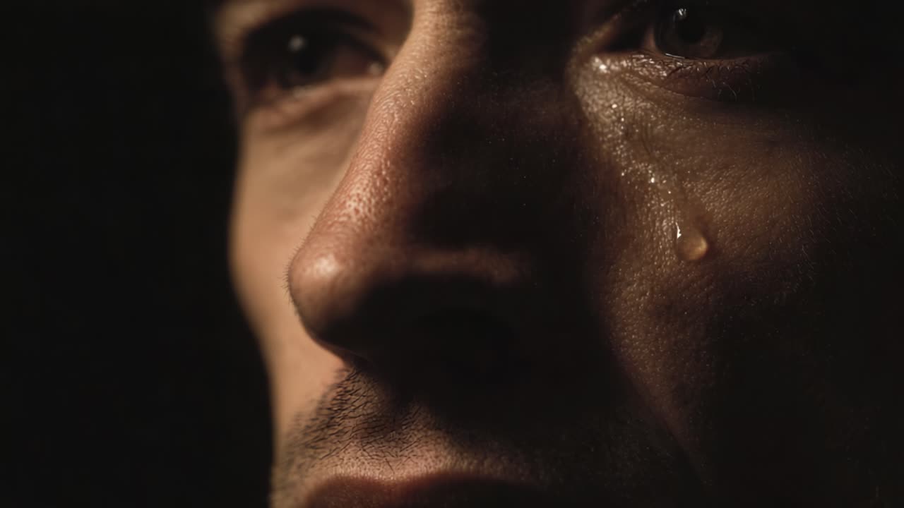 An Intimate Exploration of Emotion: A Close-Up Journey into the Depths of a Tear-Streaked Face Capturing the Essence of Vulnerability and Human Experience