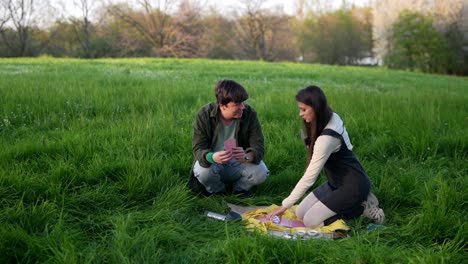 young couple playing cards in a field
