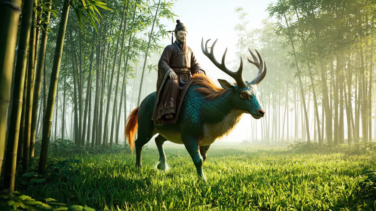 A man riding a deer in a bamboo forest