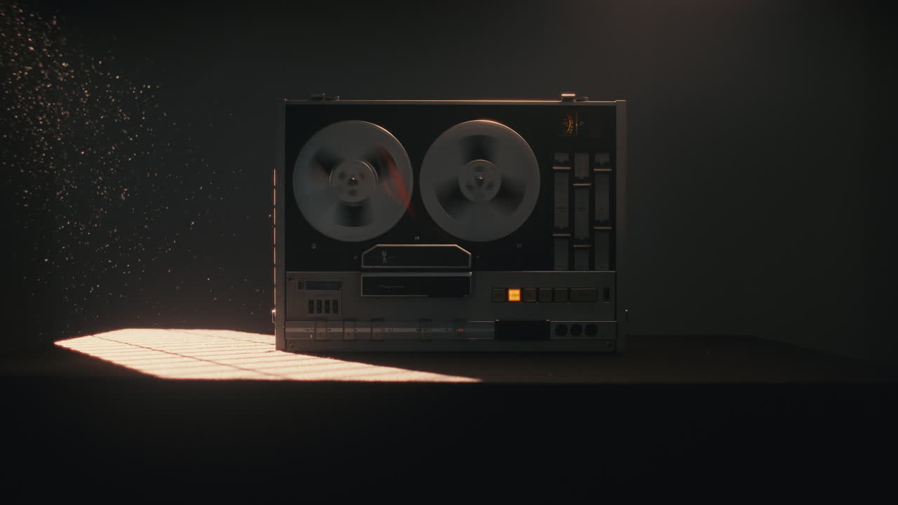 A vintage tape recorder with spinning spools