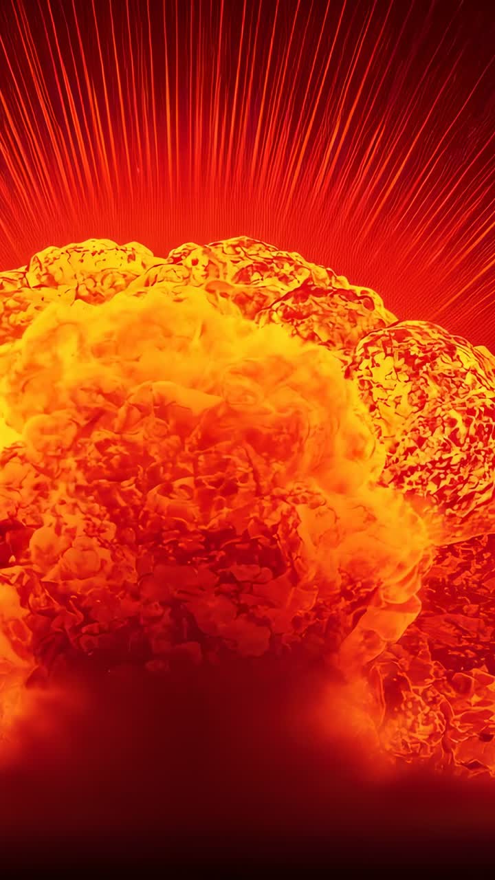 Vertical video: Igniting core sending mushroom cloud expanding in low-angle view, simulating blast