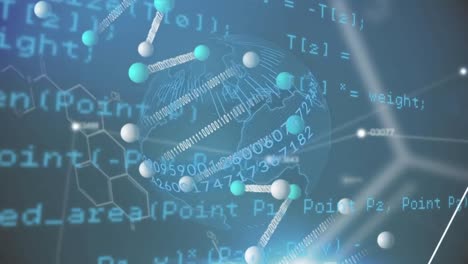 dna structure and data processing over spinning globe against blue background