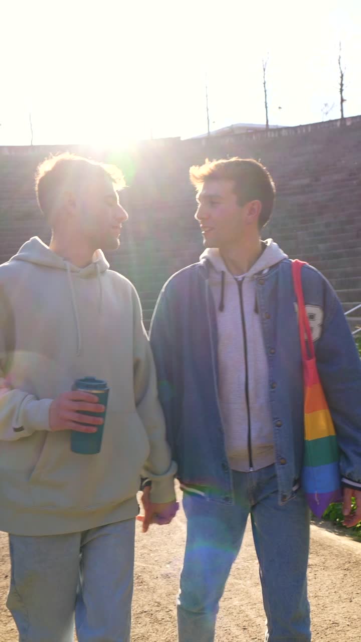 Gay couple holding hands in a park