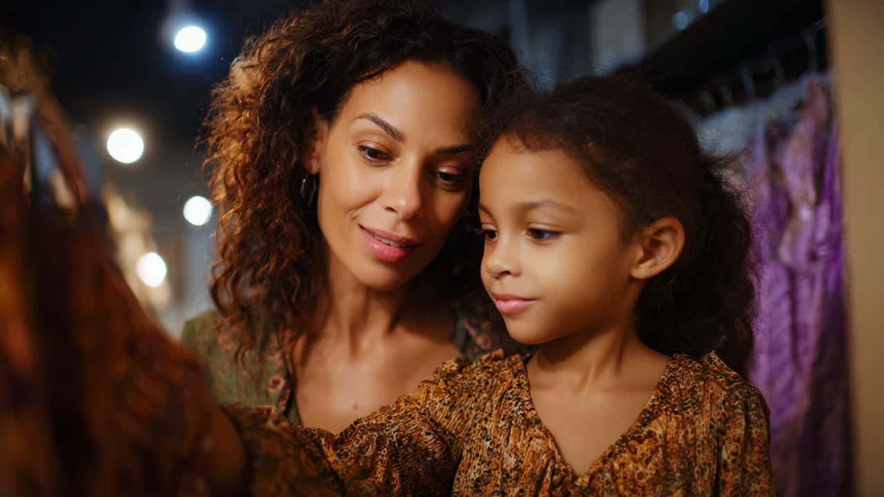 A Heartwarming Moment Between a Mother and Daughter While Shopping for Clothes, Capturing Their Bond and Joy in a Vibrant Store Atmosphere Filled with Colorful Fabrics and Beautiful Patterns
