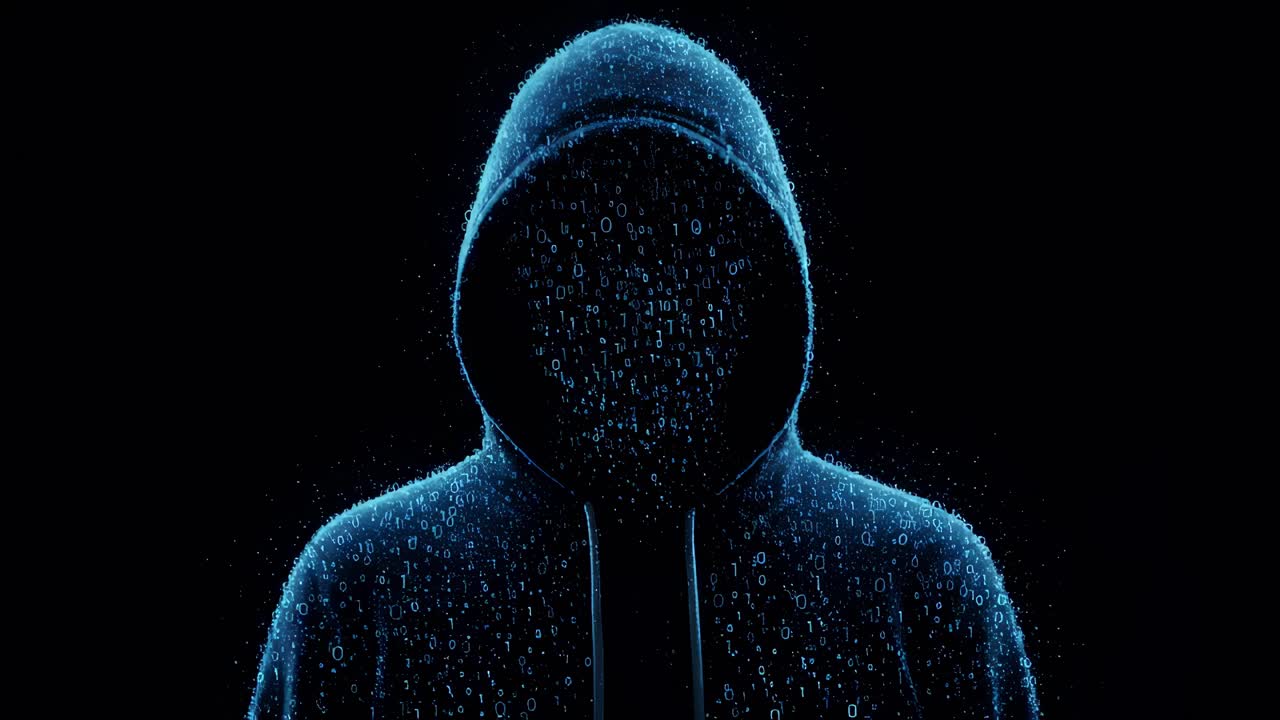 A mysterious figure emerges from a shadowy environment filled with digital elements, crafting a captivating and atmospheric mood