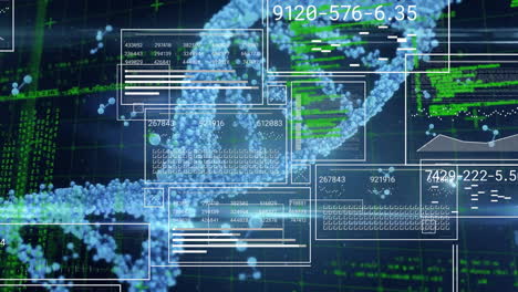 animation of interface screens processing data over dna strand on dark background