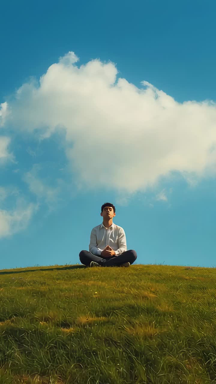 Vertical video: Lifting head man in white shirt smiling and laughing sitting on hill under cloud