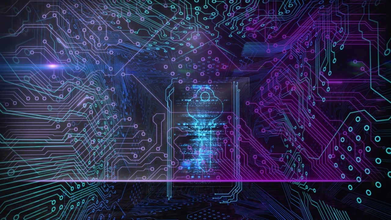 Animation of computer circuit board over key icon and light trails on black background
