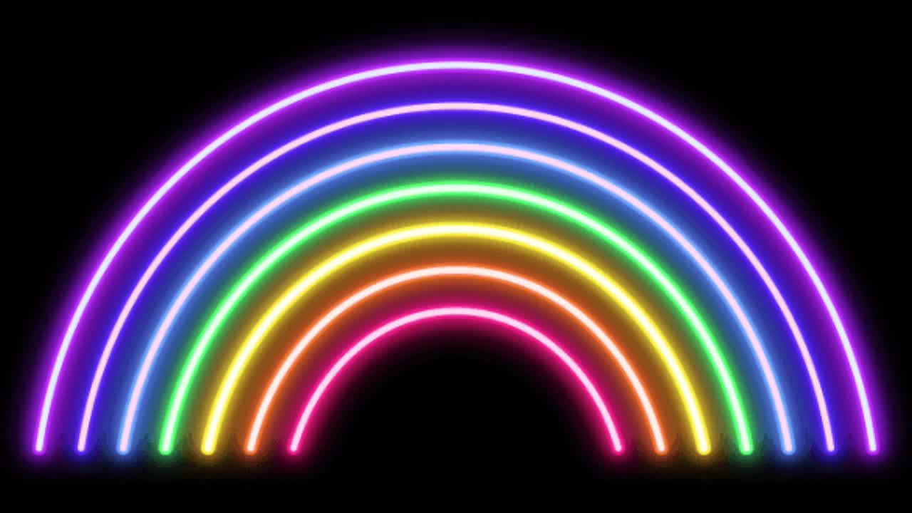 animación colorido arco iris forma de luz de neón en fondo negro.