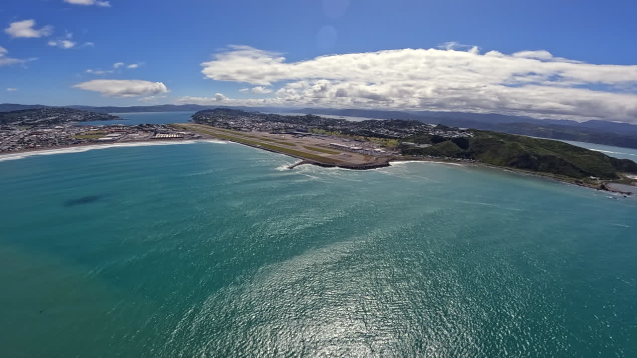 Aerial from helicopter approaching Wellington airport, New Zealand