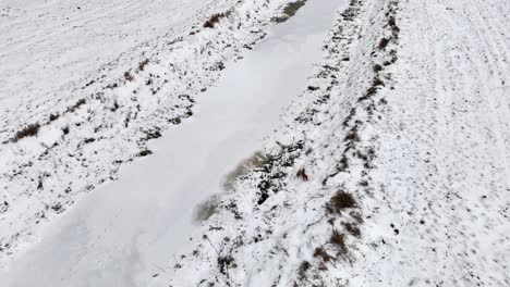 Fox-in-a-frozen-trench,-a-frozen-river-and-a-winter-canal-are-seen,-snowy-landscape-from-drone