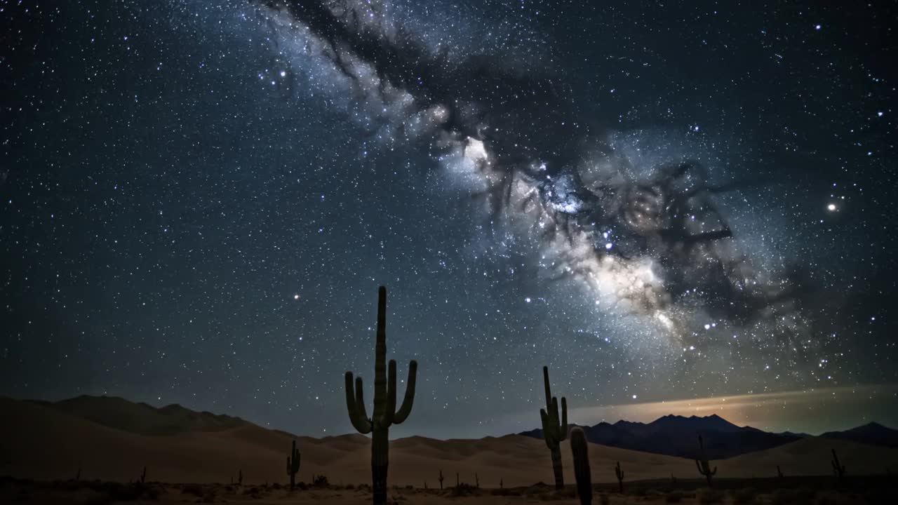 Timelapse démarrant la capture du mouvement des étoiles au-dessus du désert la nuit avec un cactus saguaro
