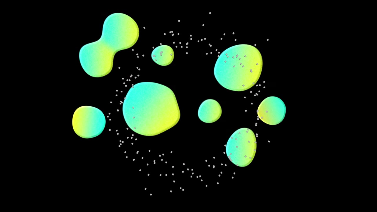 Animazione astratta di sfere liquide fluttuanti e particelle