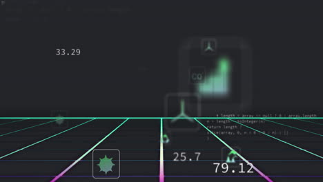 animation of icon in squares over changing numbers and computer language on black background