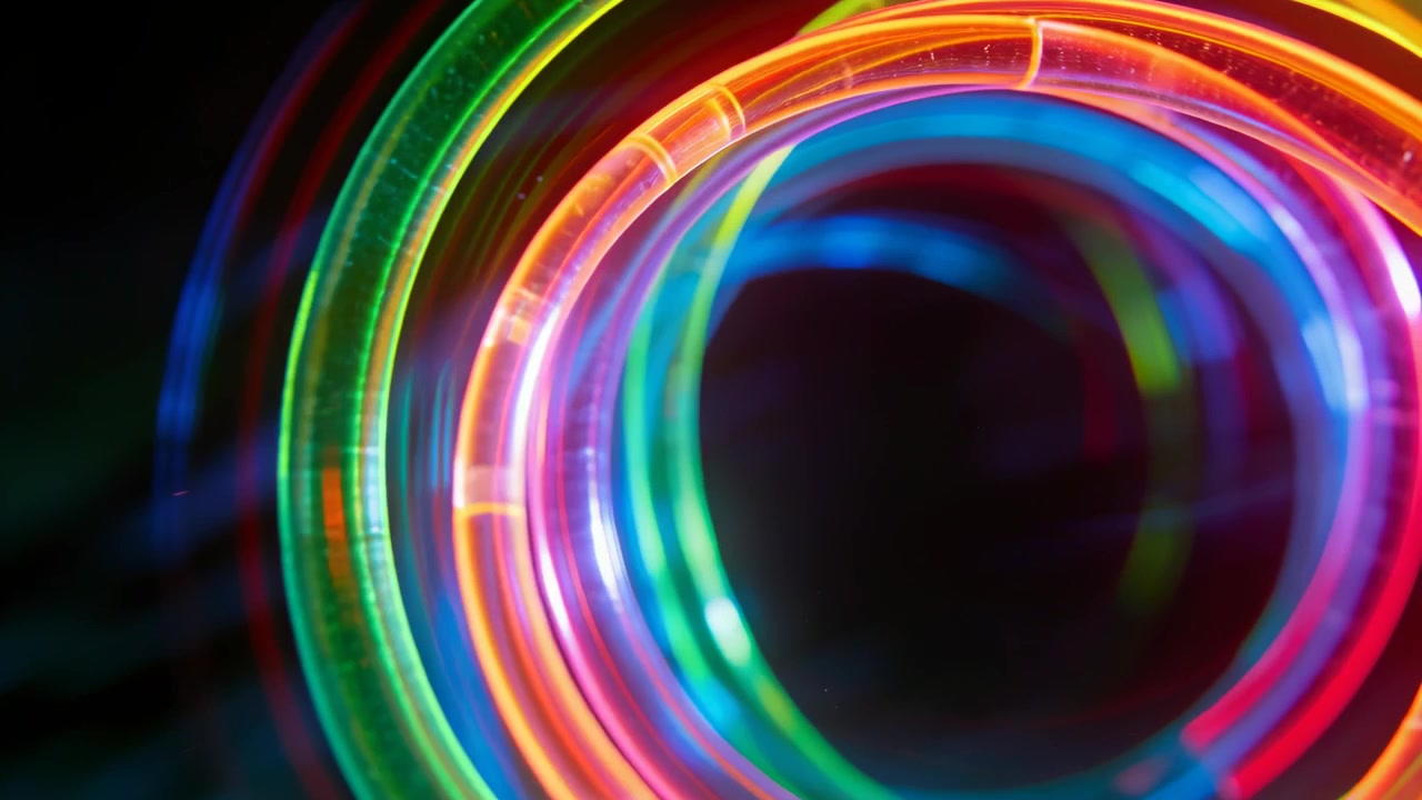 Powering concentric multicolor LED rings rotating toward center in dark studio, forming tunnel