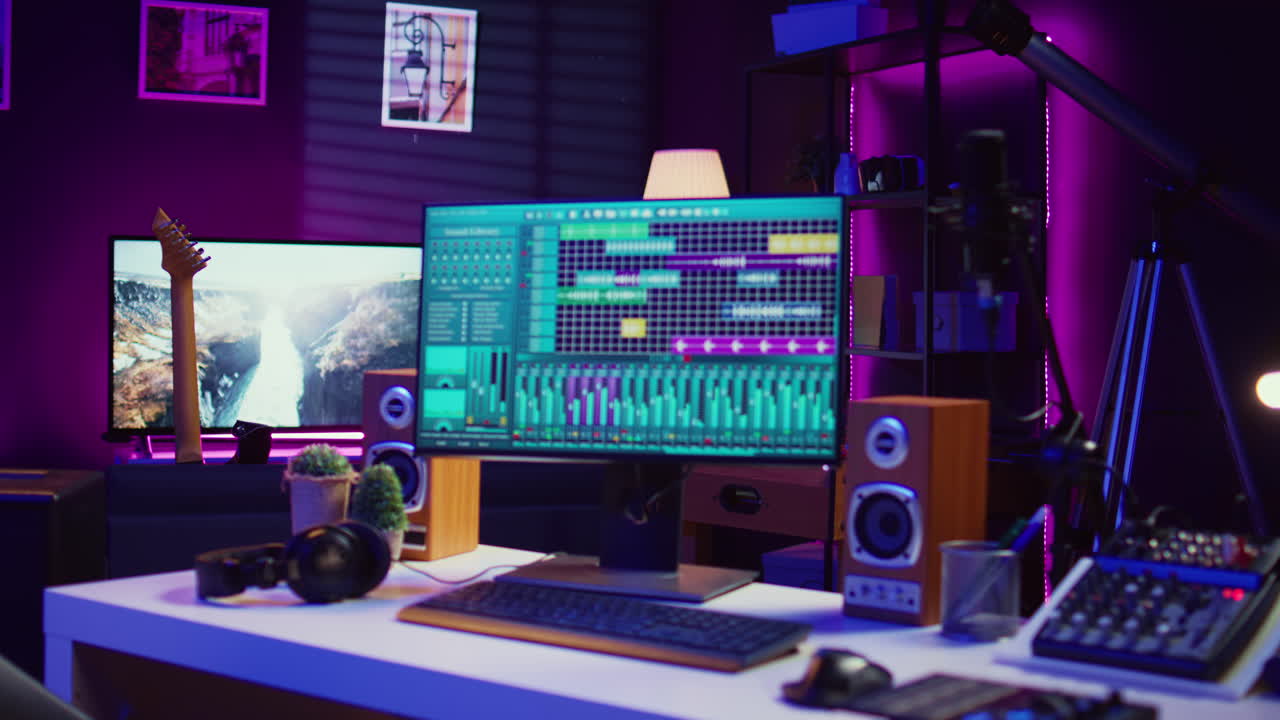 espacio vacío lleno de instrumentos de mezcla y herramientas electrónicas