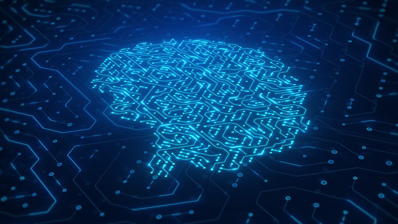 Glowing Blue Circuit Board Brain Futuristic Neural Network and Digital Technology Animation Background