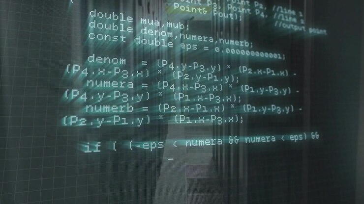 Полупрозрачное наложение C++ прокручивается по коридору, раскрывая конструкторы, векторную математику и HTTP-вызовы.