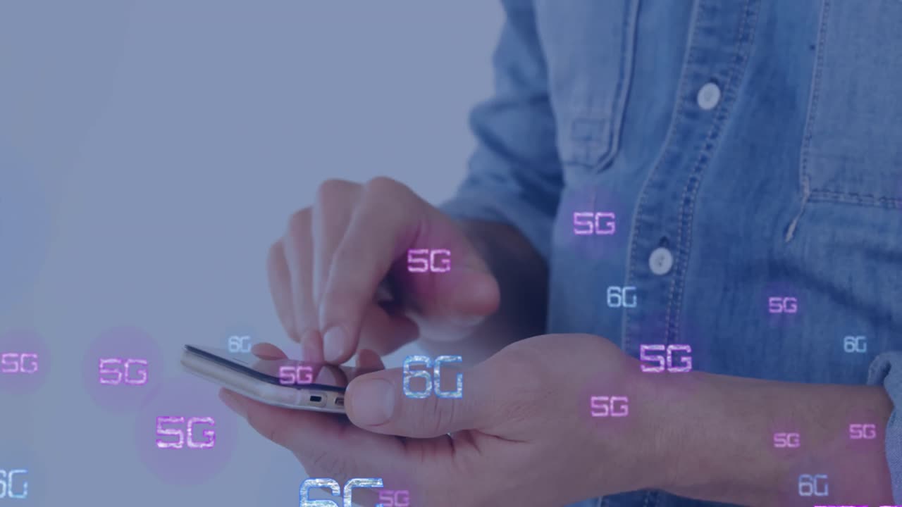 스마트폰을 사용하는 백인 남성에 대한 6g 텍스트의 애니메이션