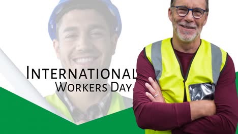 animation of smiling caucasian male worker and senior worker over international workers day text