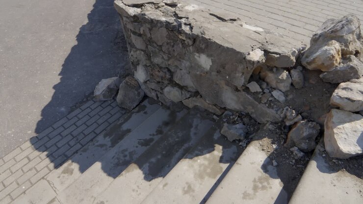 Muro de piedra derrumbado en la ciudad junto a losas de hormigón, infraestructura en mal estado, primer plano