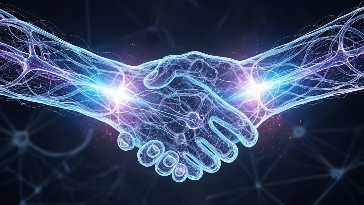A Digital Connection: Two Hands Forming a Bond Through Electric Energy and Light in a Futuristic Cybernetic Landscape