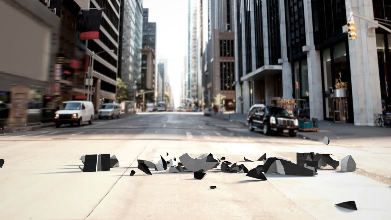 도시 배경 에 떨어지는 달러 기호