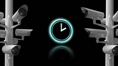 Animation-of-clock-moving-fast-and-cameras-recording-on-black-background.-