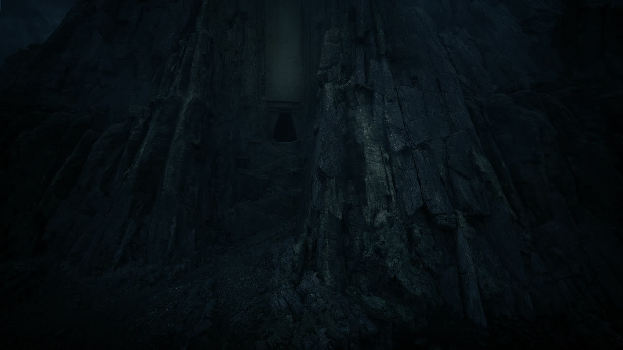 Eerie nocturnal precipice with shadowy depths enhances suspenseful atmosphere