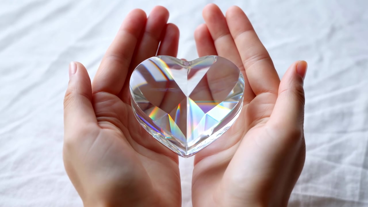 Primer plano de manos adultas ahuecadas para acunar un cristal facetado en forma de corazón, presentándolo suavemente hacia el espectador con luz suave difusa, refracciones de arcoíris y un fondo minimalista tranquilo, con corazón y cristal