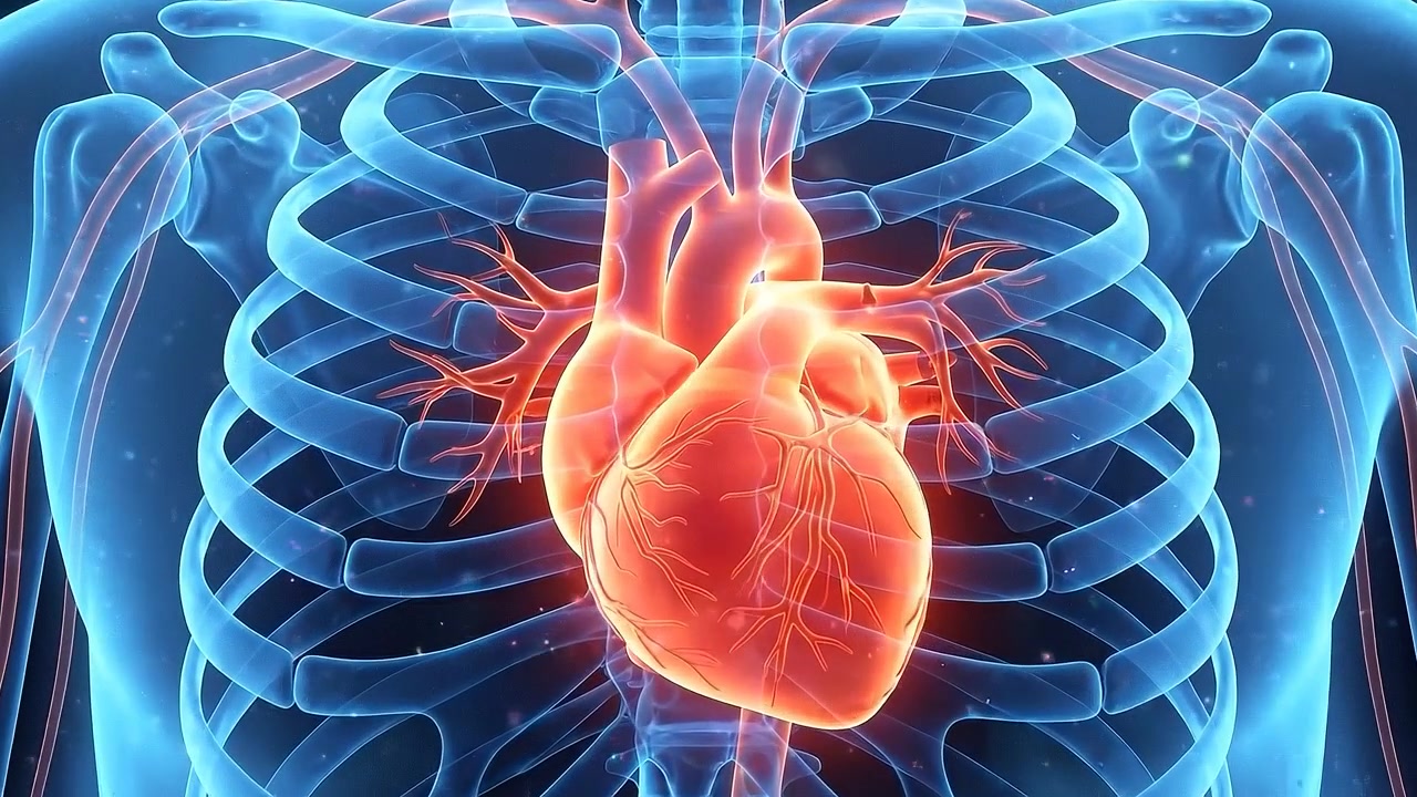 Glowing heart highlighted inside transparent blue chest and vessels in medical view