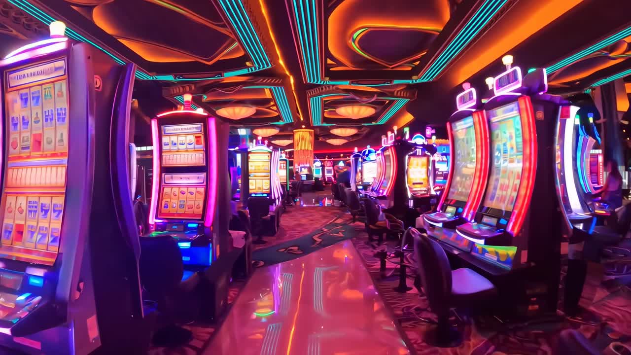 Vivace sala da casinò con slot machine, ripresa con un'angolazione ampia, ideale per l'uso in video