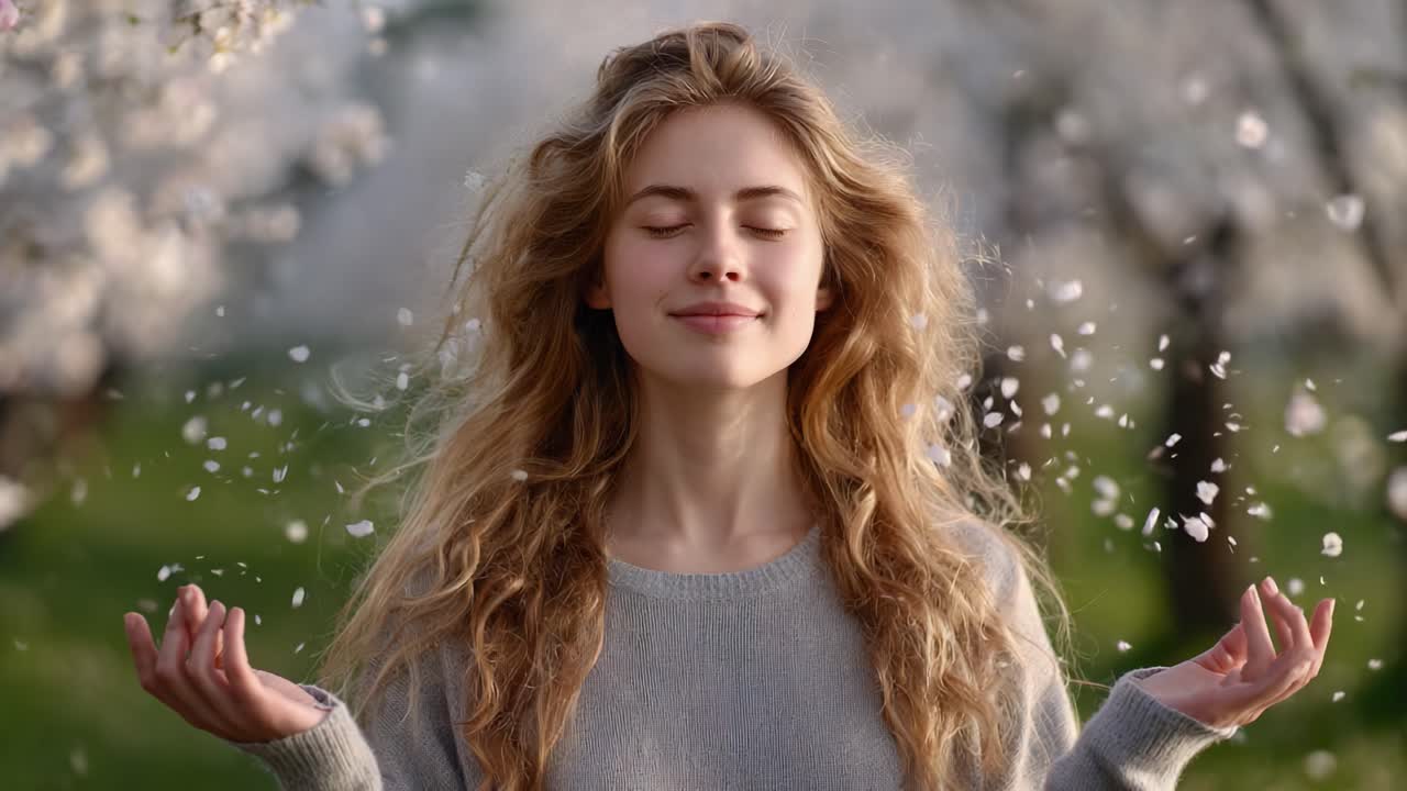 A tranquil moment captured in a blossoming orchard, where a serene young woman embraces the beauty of nature, surrounded by falling petals and greenery