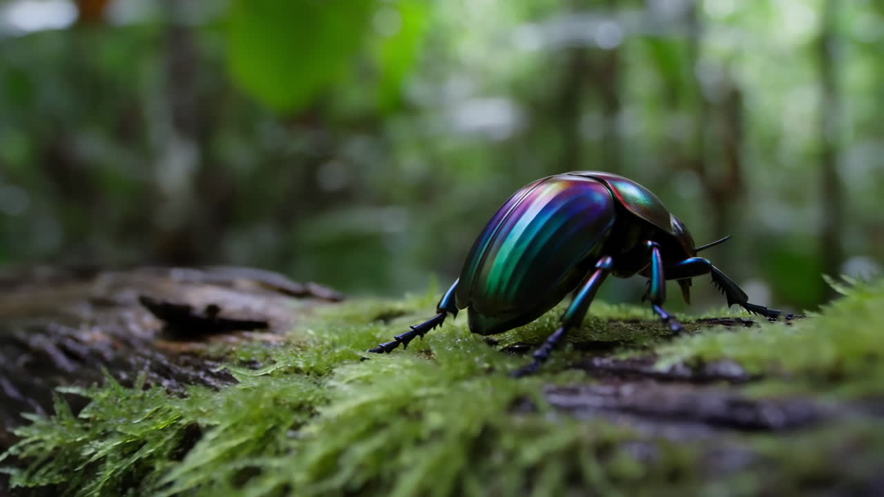 Iridescent Beetle Crawling on Mossy Log in a Lush Forest