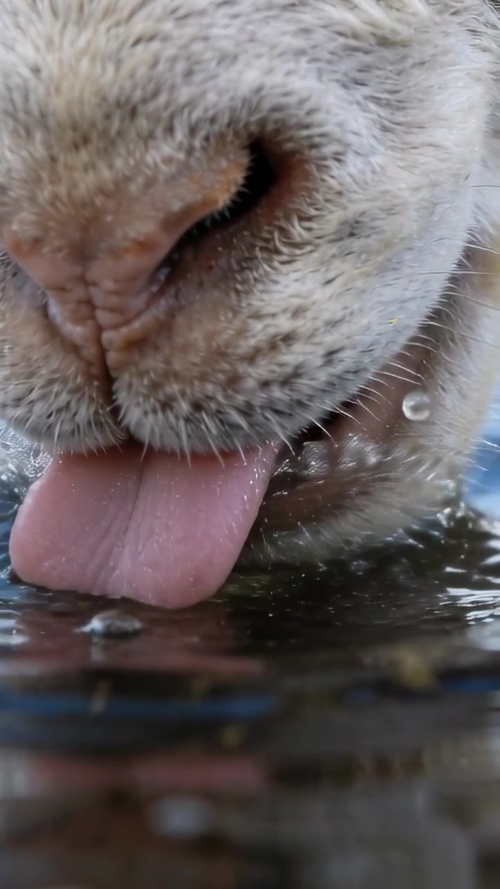 Vertical video: Drop falling, dog nose lowering at pond edge, tongue lapping water, drinking